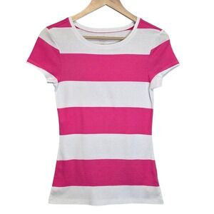 Old Navy Y2K Striped Fitted Top Size M Hot Pink Baby Tee Stretch Cotton Preppy